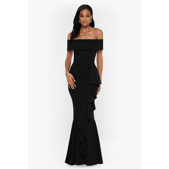 Betsy & Adam Womens 16 Black Carina Off The Shoulder Ruffle Maxi Dress J18-16